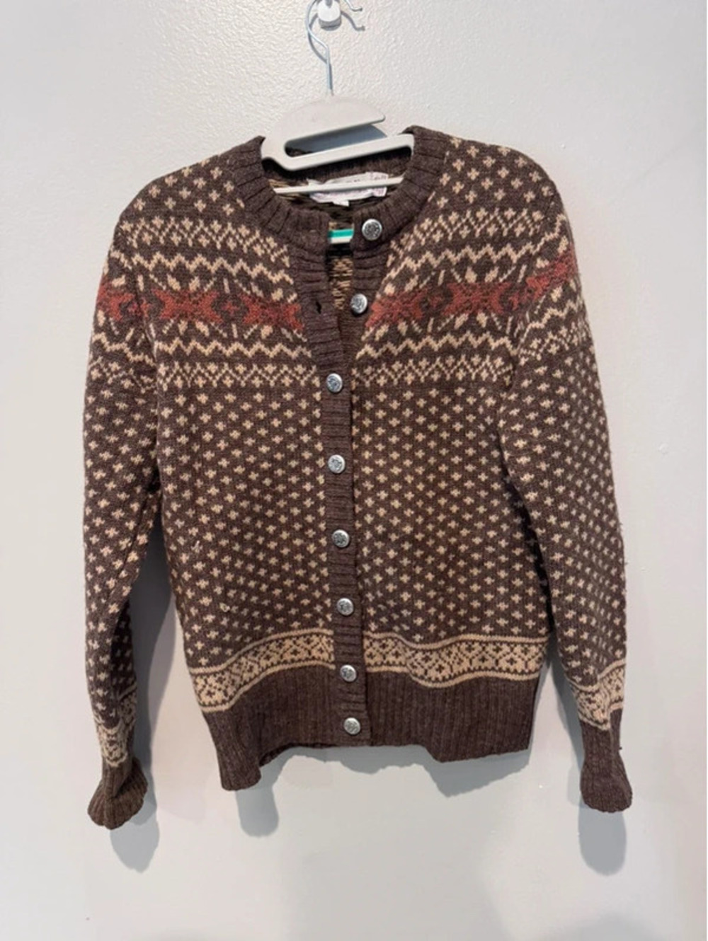 vintage JADE Shetland wool Fair Isle cardigan size L made in Hong Kong